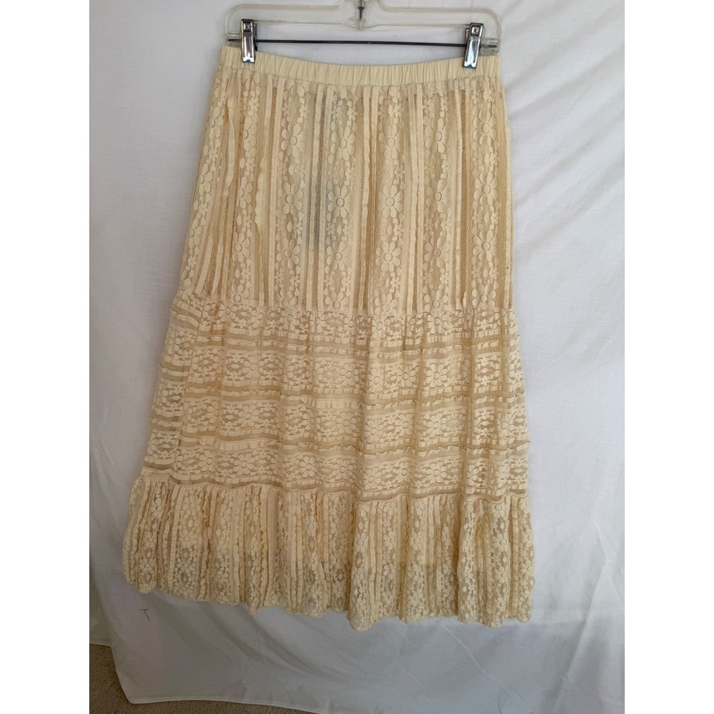 Solitaire Womens Cream Floral Lace Tiered Maxi Skirt Elastic Waist Boho L NWT